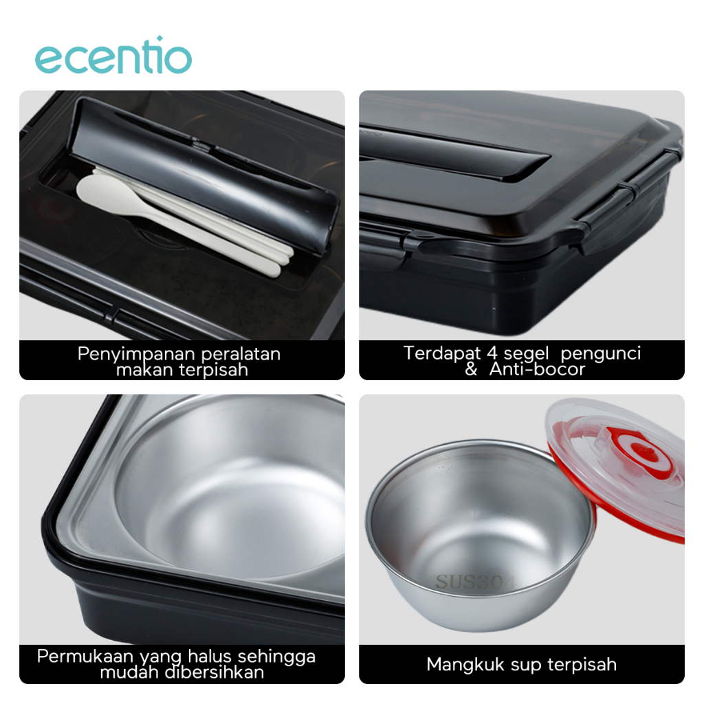 ecentio Kotak Makan set 304 Stainless Steel 4/5 Sekat Tempat Makan Tahan Suhu 1L/1.2L/Free sendok&amp;Sumpit Lunch Box