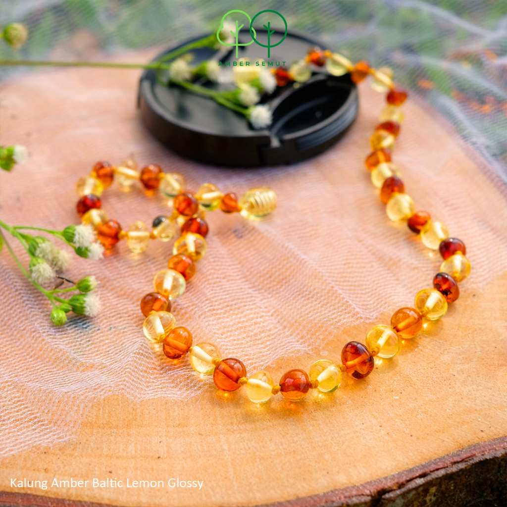 PROMO FREE GELANG - Kalung Gelang Amber Baltic Bayi, Balita dan Anak Lemon Cognac Glossy [New Born - Junior]