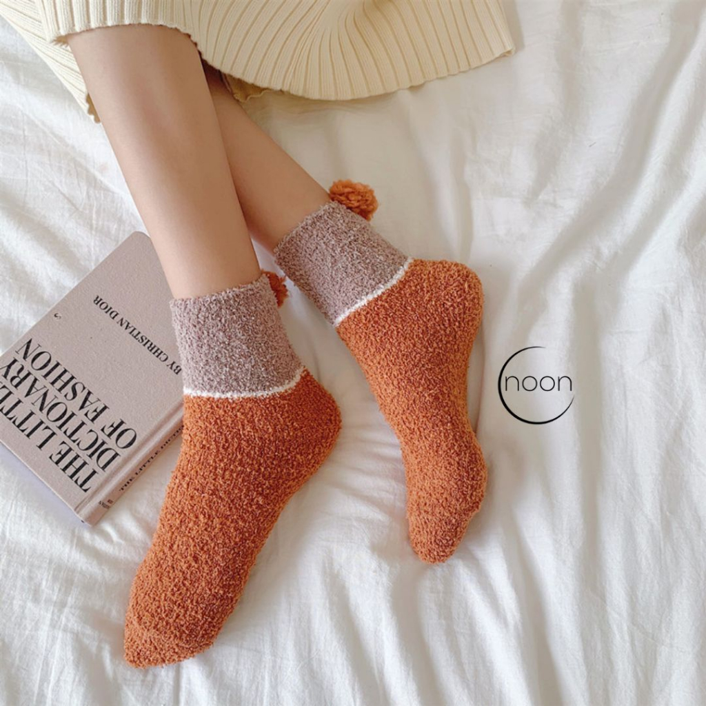 NOON ( yin-yang / 음-양 ) Kaos Kaki Tidur Wanita Korea Tebal Hangat Winter Socks Panjang Sebetis Lucu Anti Slip Korean Bulu Style Polos SMA Yoga Miniso Muslimah Sekolah Olahraga Perempuan Motif Bulu Imut Import Grosir Lusinan Murah