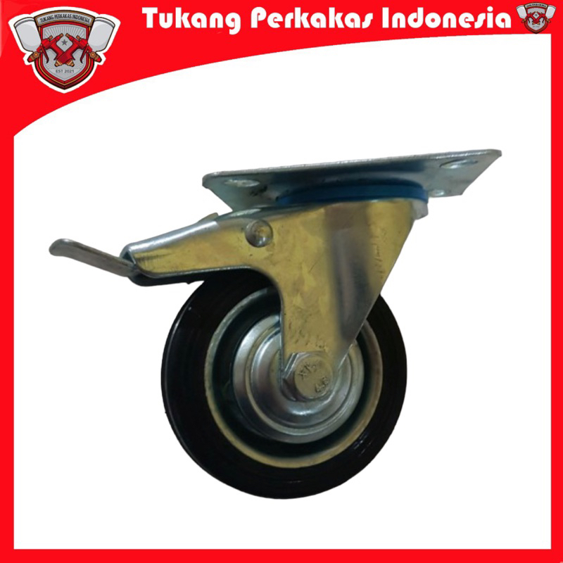 Roda karet 4 inch Rem roda troley roda etalase muter rem