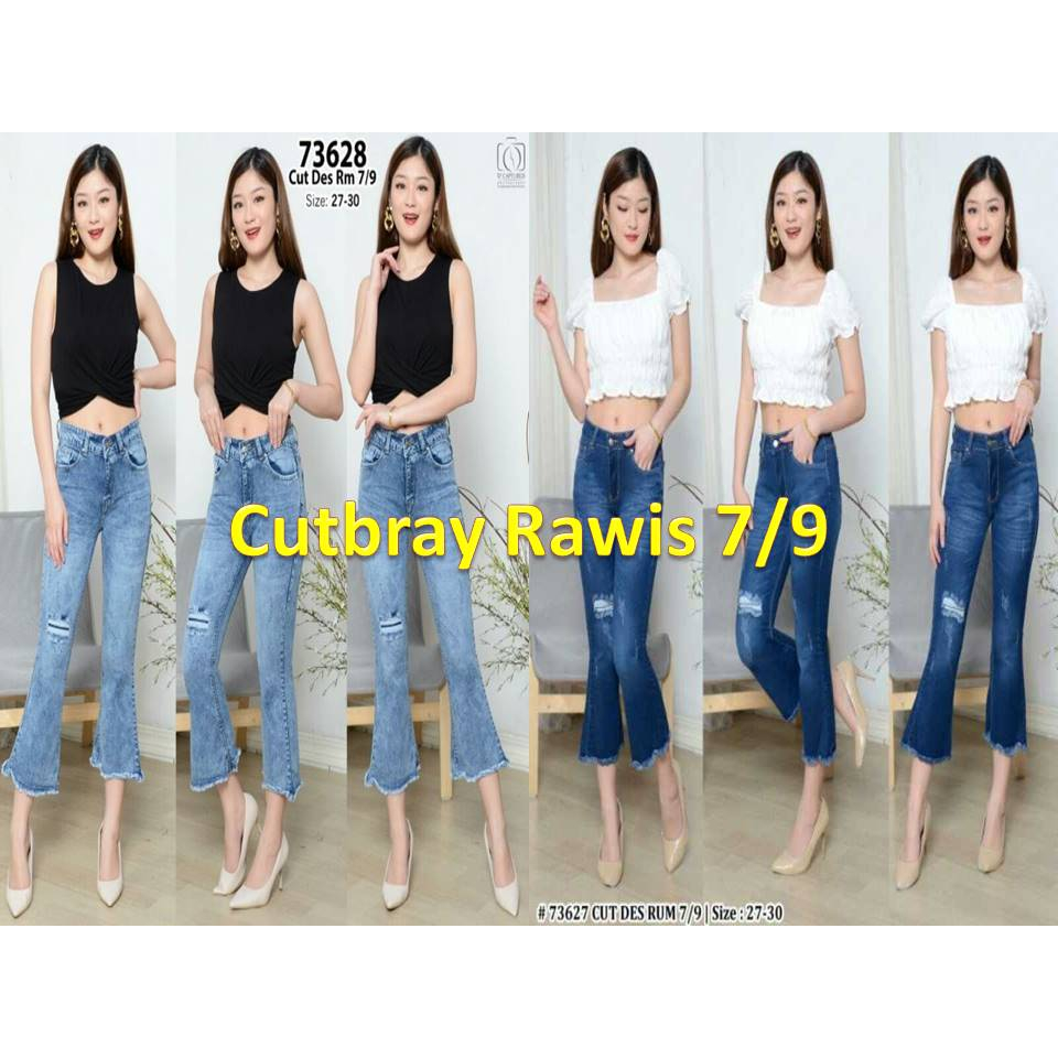 Celana Cutbray jeans wanita Highwaist stretch model 7/9 sobek rawis