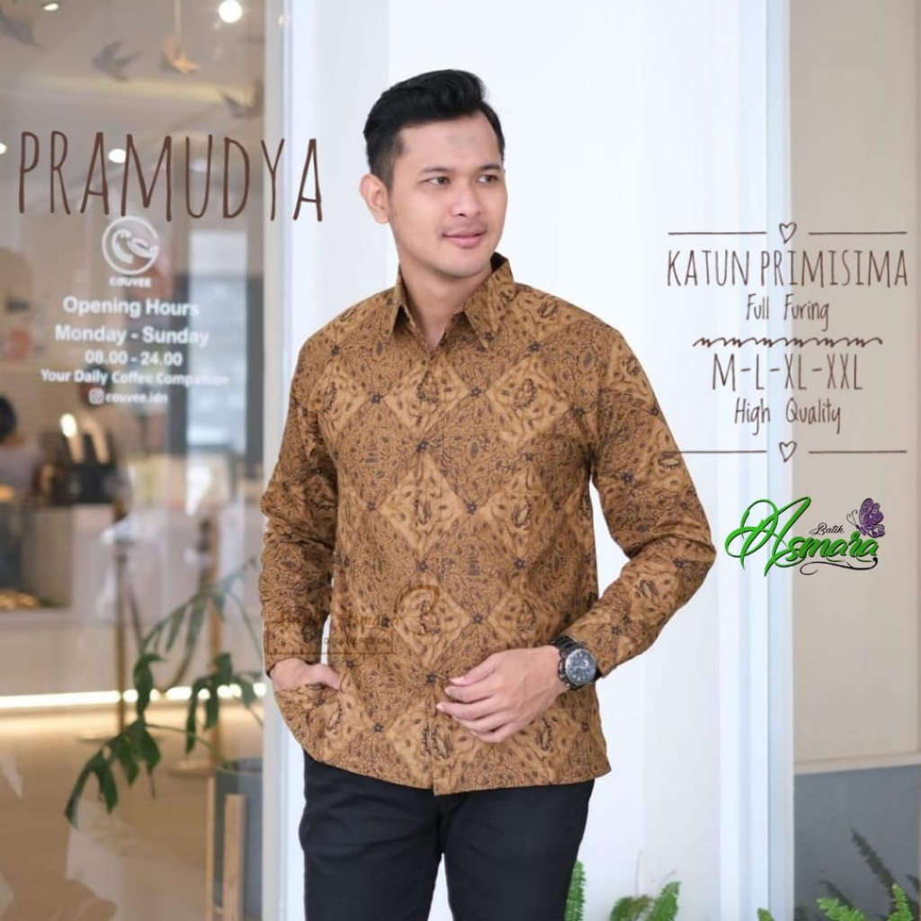 PRAMUDYA ASMARA BATIKSOLOAMANAH KEMEJA BATIK PRIA LENGAN PANJANG PENDEK LAPIS FURING PREMIUM KATUN HALUS CEMPAKA PUTIH UWER KUNING TIRTA KUNING PLENJAK BIRU CIUNG BIRU ARYAK DRAJAT MERAH ALENGKA PINK BRAMANTYO BIRU SRIKANDI MERAK AJI ARGO LAWU ANGGORO