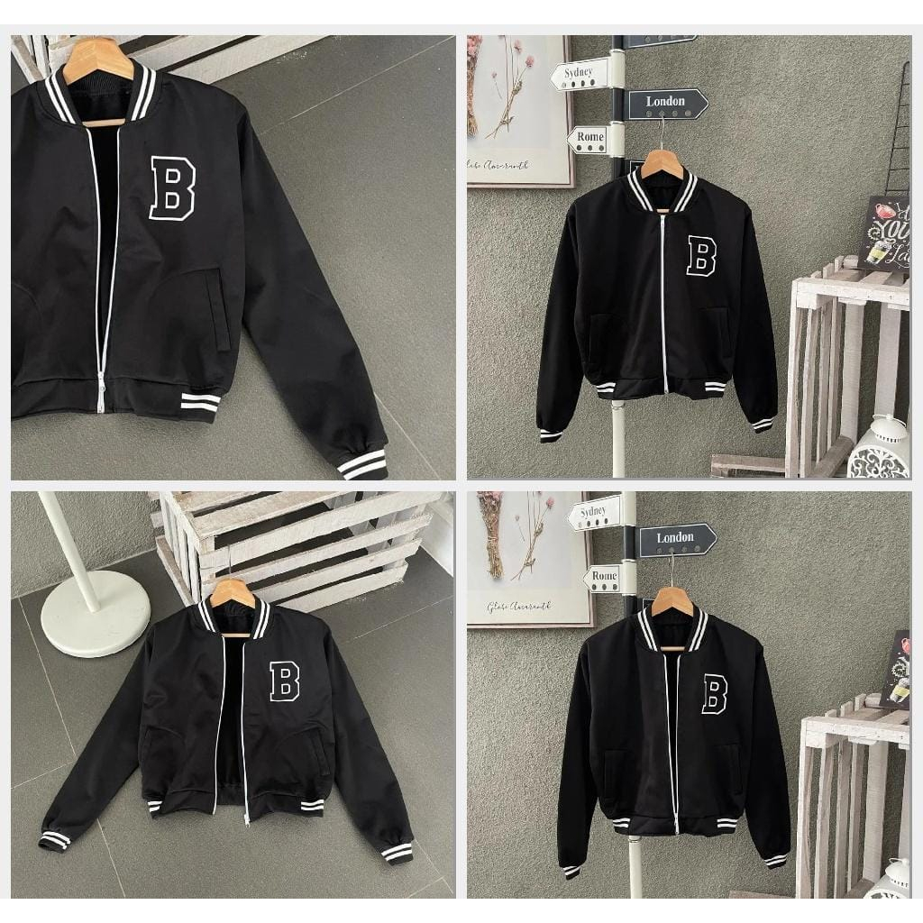 B ZIPPER BLACK JAKET BASEBALL CROP | VARSIRTY KOREAN TERBARU