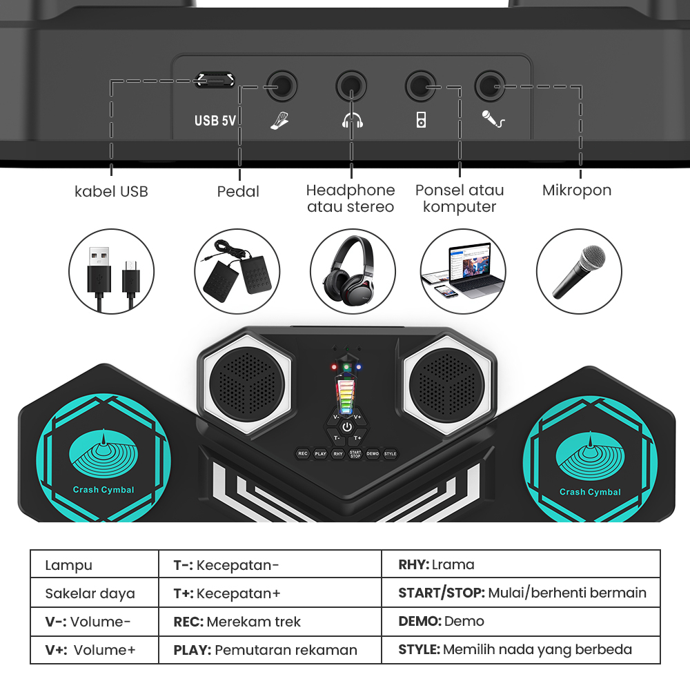 Rixton Portable Electronic Drum Digital USB 9 Pads Roll up Drum Set Silicone Electric Drum Pad Kit Outdoor Performance