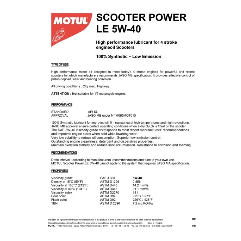 OLI MOTUL SCOOTER POWER LE 5W40