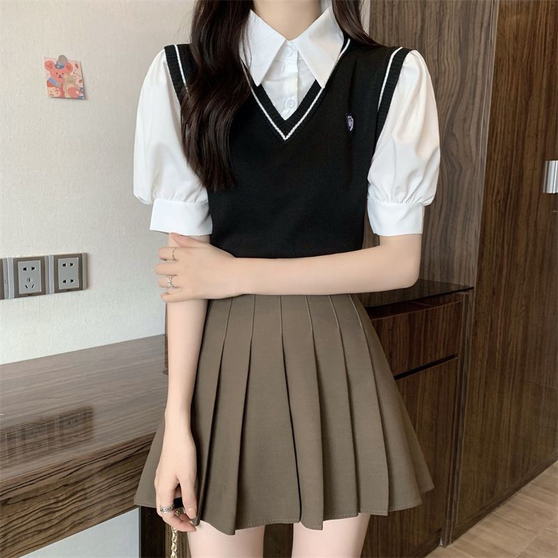 Blouse Atasan Areum Top Blouse Set Vest Shirt (Polo rompi)| IMPORT Collar Kemeja Kerah Knit Rajut Korean Style Lengan Pendek Shirt Academy Uniform Jepang