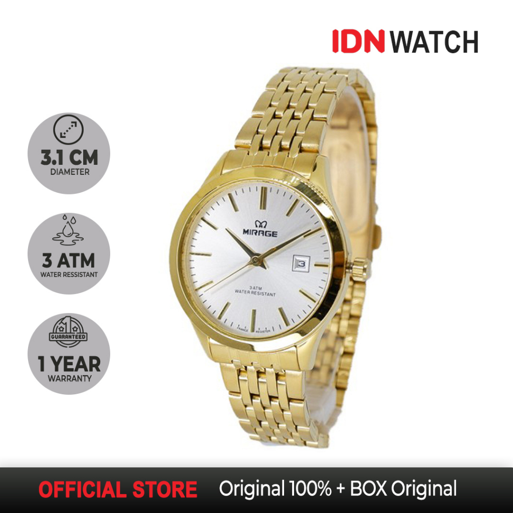 Jam Tangan Mirage Wanita Analog Gold Emas 8738L Mewah Anti Luntur Tahan Air
