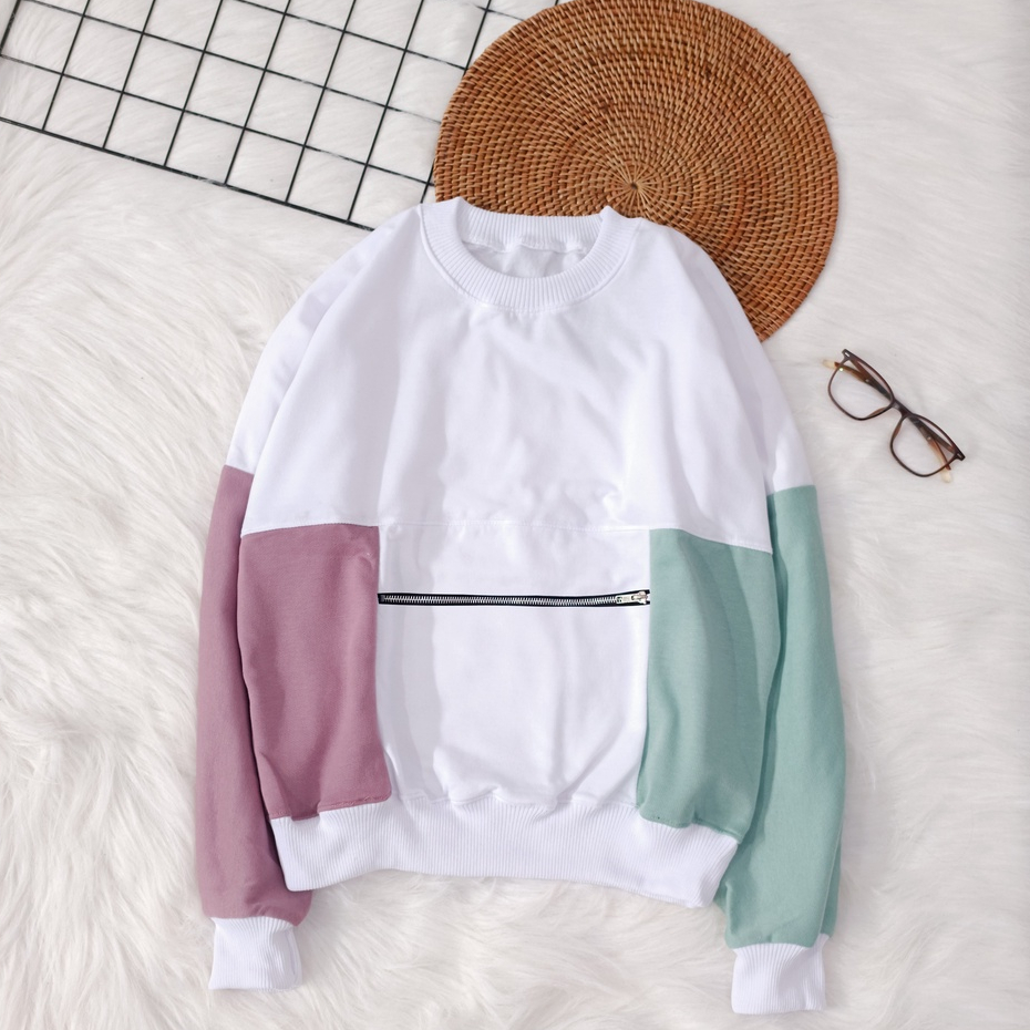 Sweatshirt Candy Pocket Zipper - Sweater Kombinasi Warna Terbaru Wanita