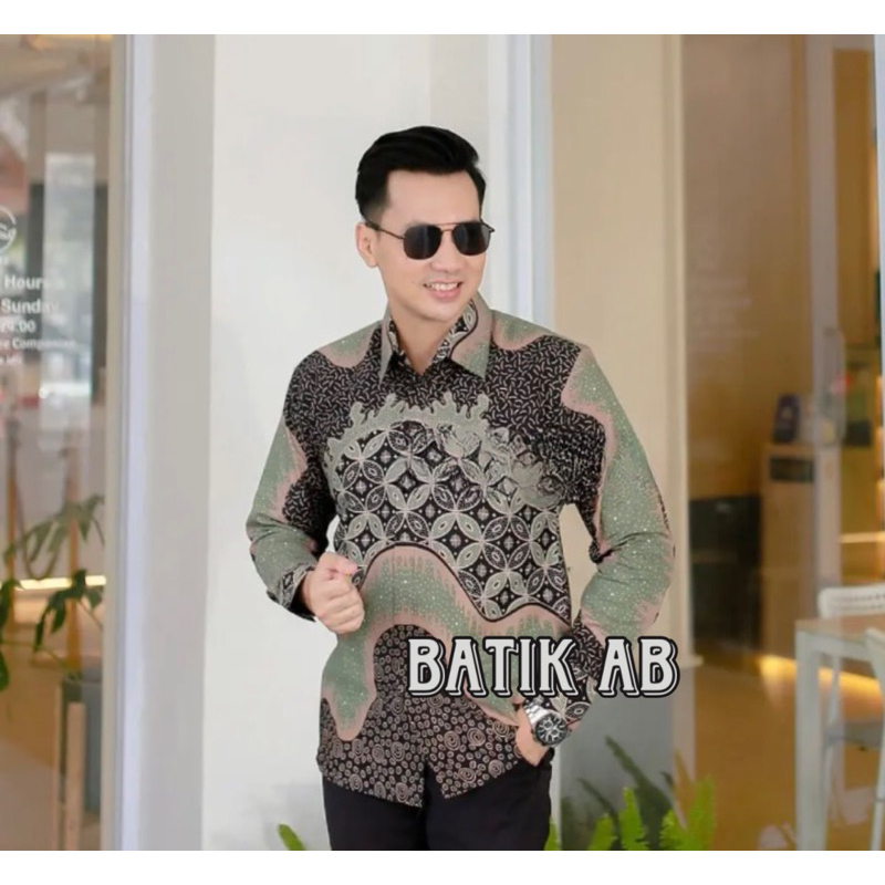 KEMEJA BATIK PRIA LENGAN PANJANG BATIK MODERN MOTIF SAGE GREEN SIZE M L XL XXL