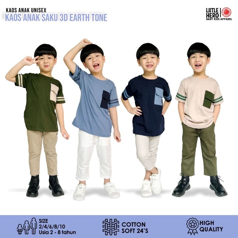 Baju Kaos Distro Anak Laki Laki Saku 3D Unik Earth Tone Little Hero Usia 2 3 4 5 6 7 8 Tahun