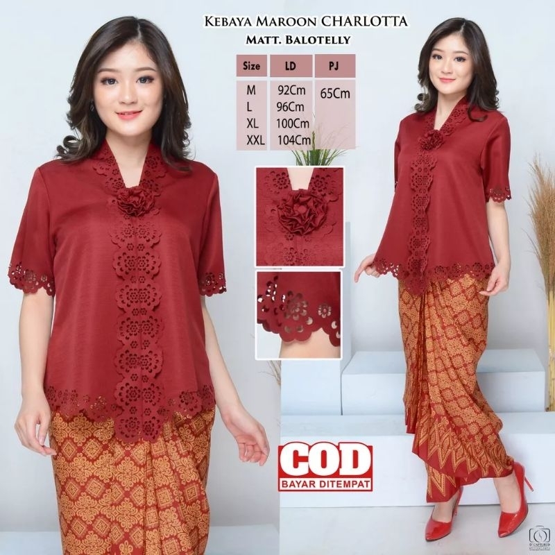 Atasan Kebaya Encim Moderen Laser Cut Lengan Pendek Warna Merah Maron Maroon Charlotta