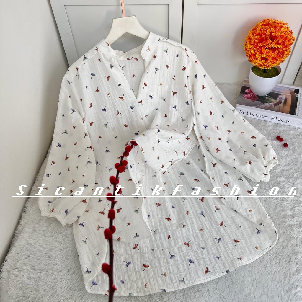 Kemeja Blouse Wanita Cotton Crinkle Premium / Blouse Bermotif Bunga / Blus Wanita