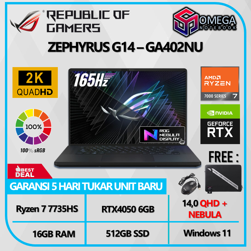 ASUS ROG Zephyrus G14 GA402NU Ryzen 7 7735HS RTX4050 6GB 16GB 512SSD 14,0 QHD + NEBULA 165Hz Windows 11