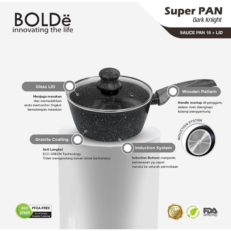 Sauce PAN 18 cm + glass lid, Granite BLACK Series Original BOLDe