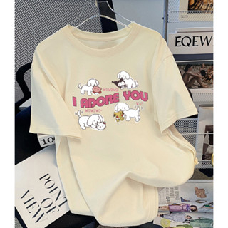 Raglan T-shirt Printed Cartoon Puppy  Kaos Oversize Wanita Korean Style Printed T-shirt Fashion