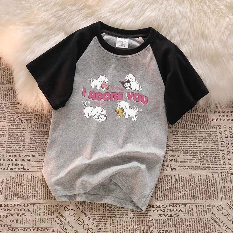 Raglan T-shirt Printed Cartoon Puppy  Kaos Oversize Wanita Korean Style Printed T-shirt Fashion