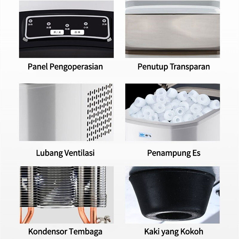 Mesin Es Iceler Portable Ice Maker 15KG Es Perhari 6 Keping Es diproduksi，Mesin Rumahan Kecil Full Otomatis