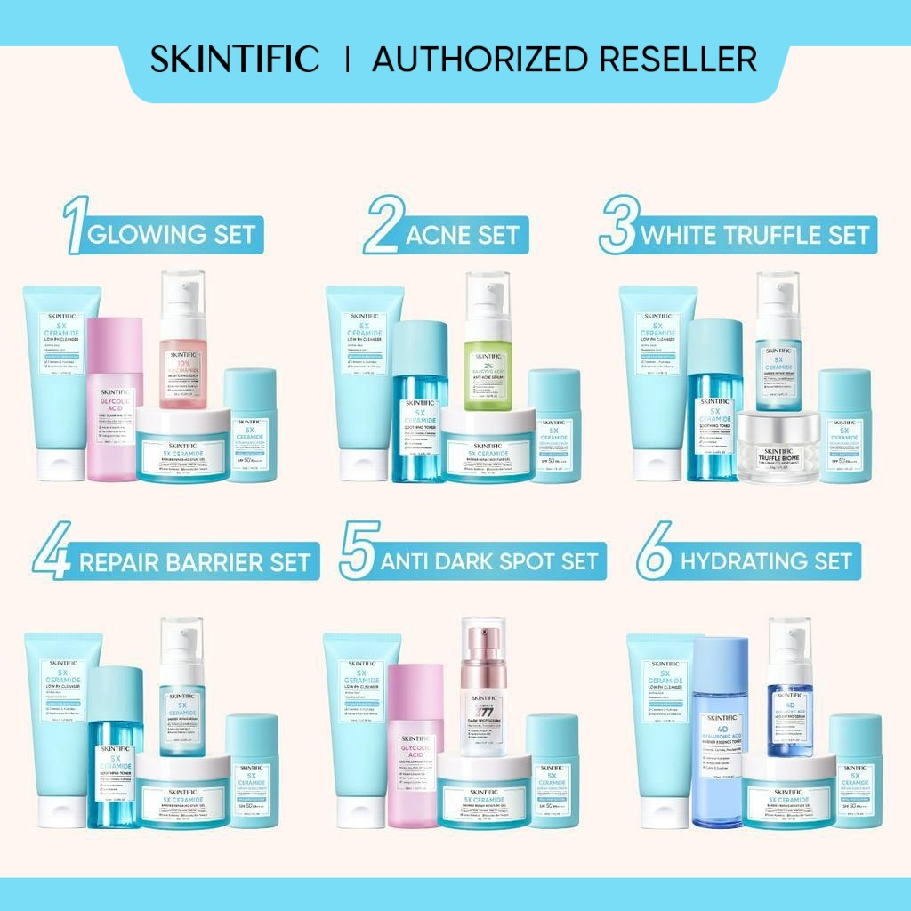 [BPOM]  SKINTIFIC 5pcs with sunscreen - Paket Skincare Low pH Cleanser + Moisture Gel + Serum Sunscreen + Exfoliating Toner / Soothing Toner + Brightening Serum / Anti Acne Serum / Barrier Repair Serum / Hydrating Serum