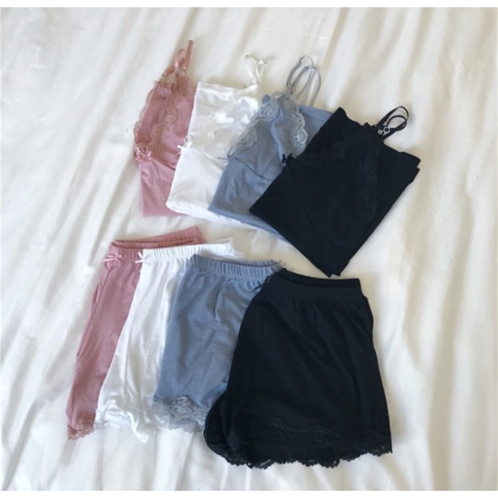 【COD &amp; Barang ready】Setelan piyama tank top atasan + celana pendek hitam set renda piyama wanita atasan &amp; high waist celana pendek