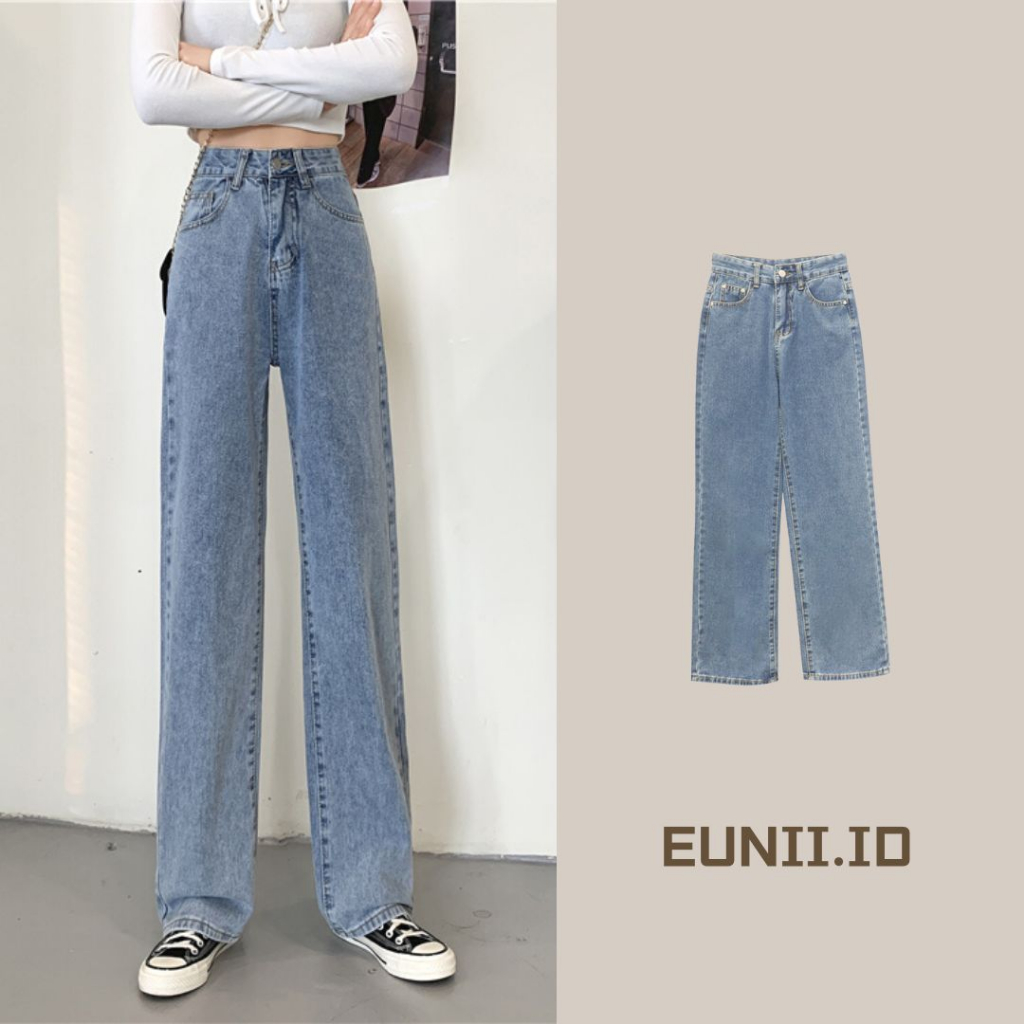 EUNII Korean Style Celana Panjang Jeans Wanita Kekinian Loose High Waist Boyfriend Jeans