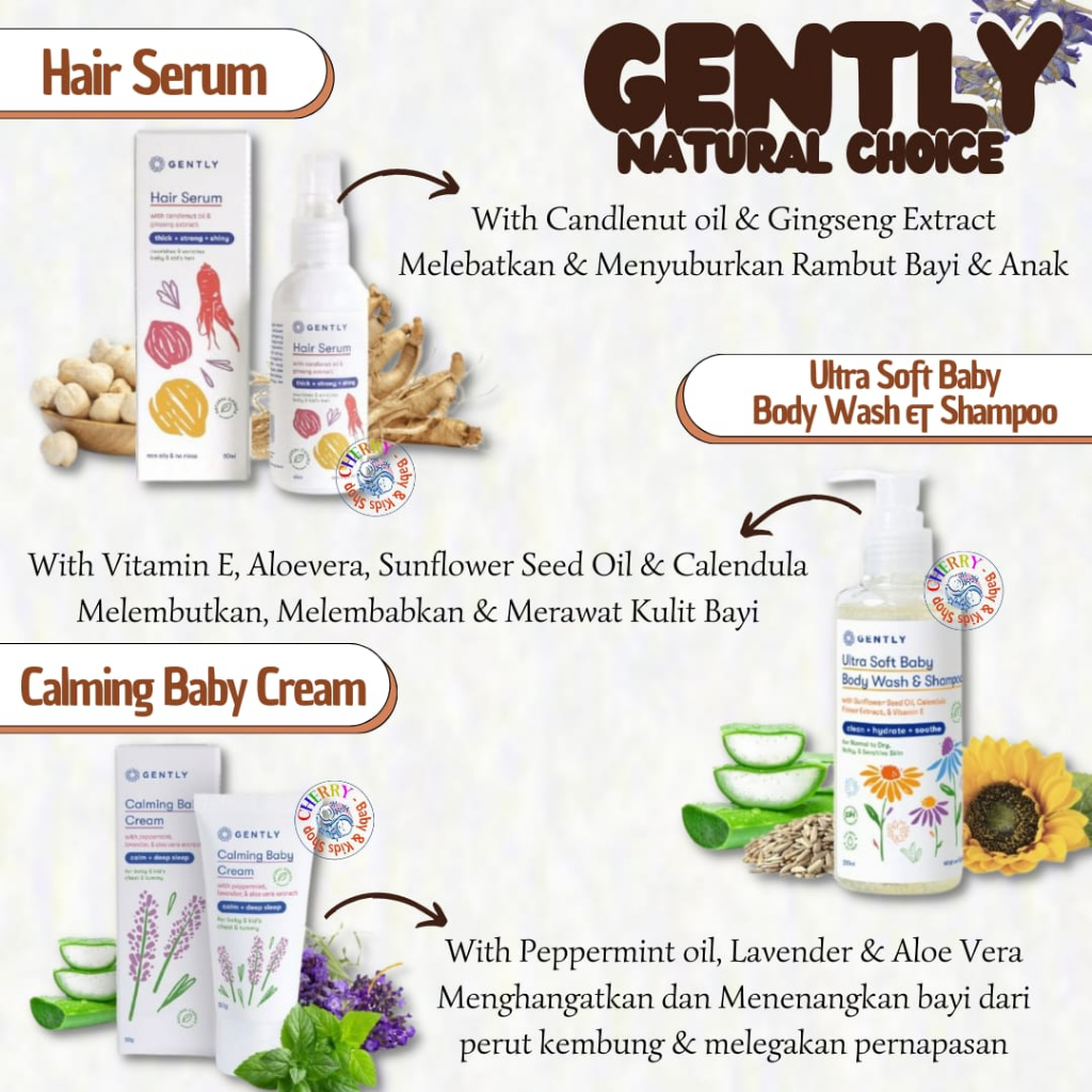 Gently Calming Baby Cream / Hair Serum / UltraSoft Wash &amp; Shampoo / Candlenut Shampoo / Sabun Mandi dan Shampoo bayi / Serum Penumbuh Rambut / Krim Penghangat Bayi / Sampo Kemiri CBKS