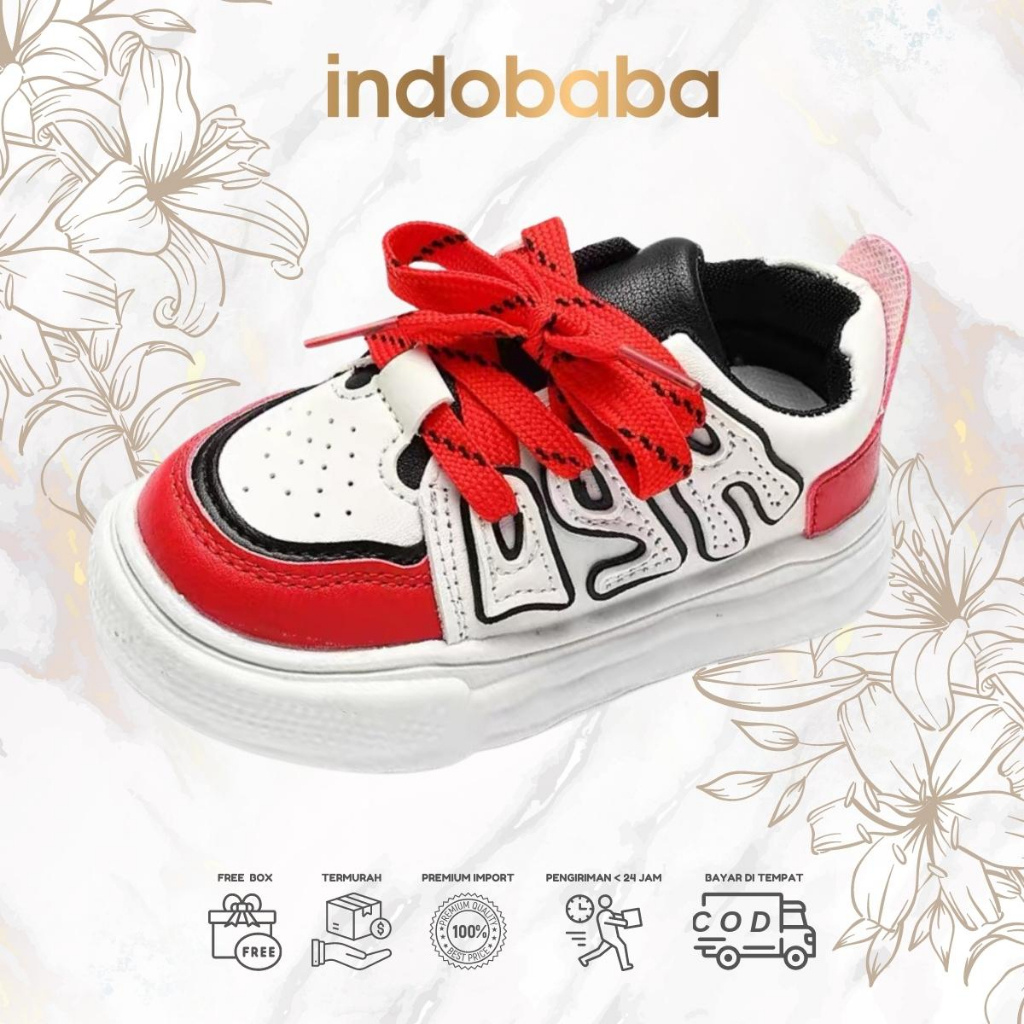 indobaba Sepatu Anak Perempuan Sneakers Anak Import Sport Unisex Warna Hitam &amp; Merah 1-5 Tahun S132