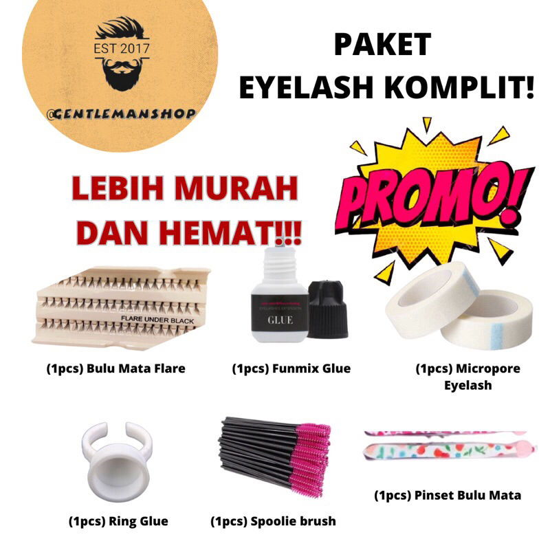 Paket Bulu Mata FLARE PREMIUM 6 in 1 - Lem Funmix, Bulu Mata Flare, Micropore Bulu Mata, Pinset, Cincin/Ring Bulu Mata, Spoolie Bulu Mata