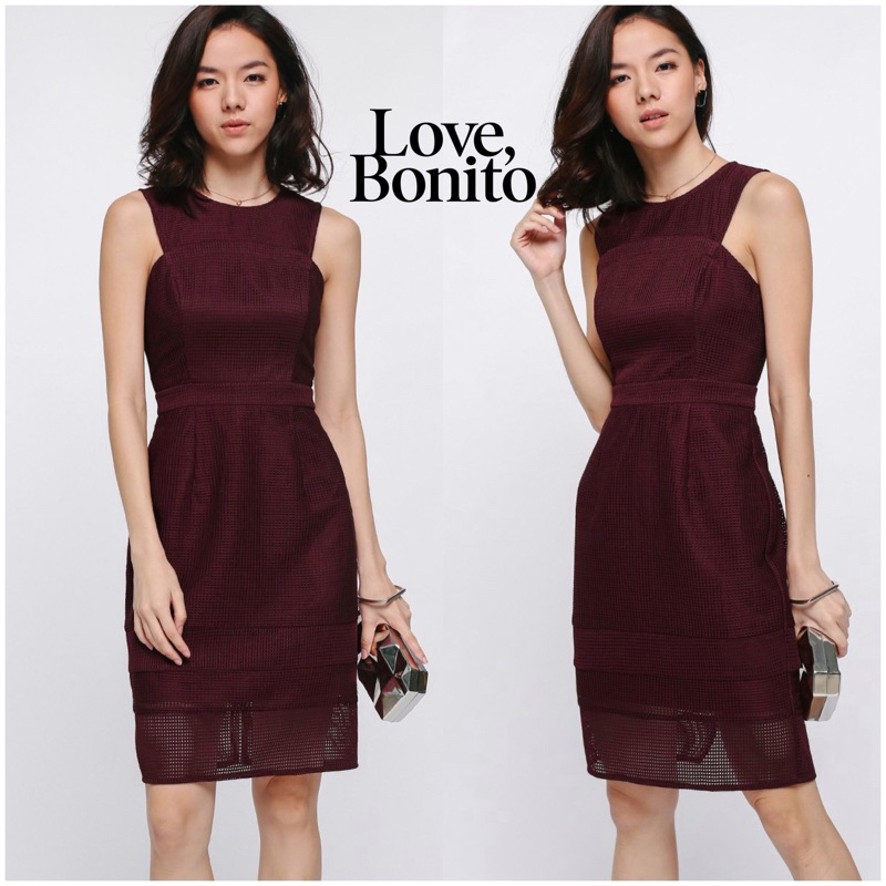 Love Bonito Malitz Mesh Mini Dress Dark Red Maroon Halter Round Neck Cutout Bodycon Party Dress