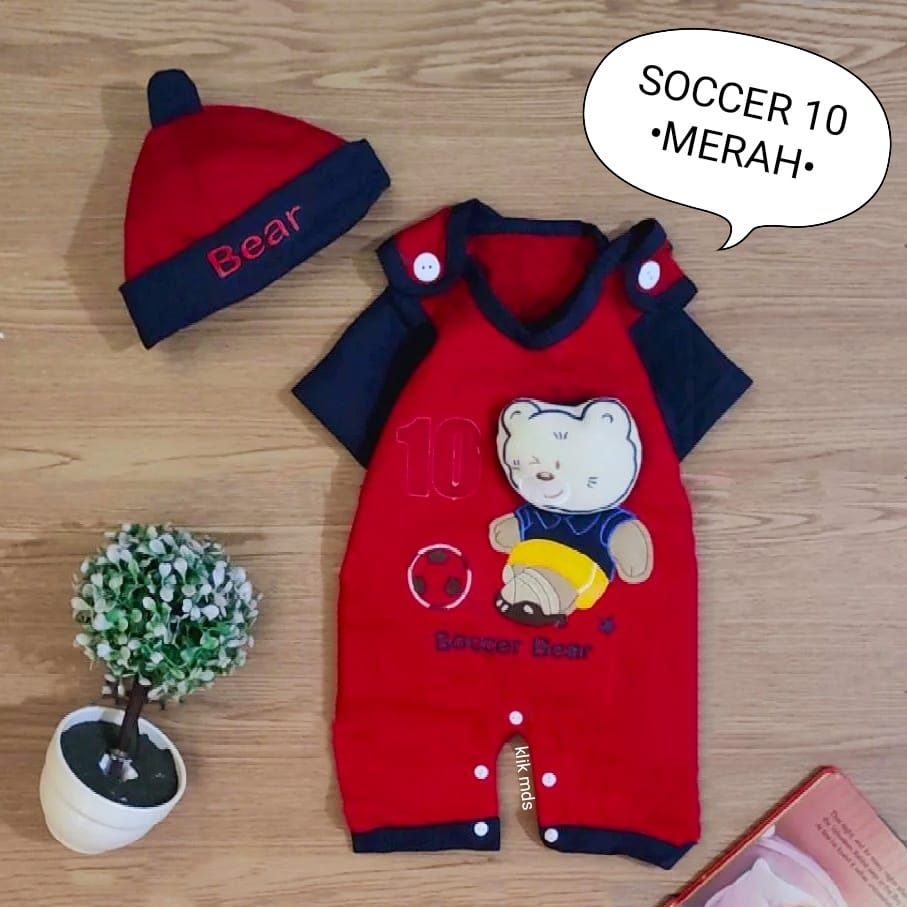 Overall Anak Cowok / Baju Bayi Laki-Laki Set Jumper Usia 0-6 Bulan Motif Soccer Bear