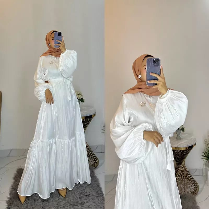 Cyrielle Dress Shimmer Silk Premium  Jumbo Busui Free Belt Lengan Balon Warna Blue Lavender Sage White Peach Fashion Muslim Hijab Gamis Dress Shimmering Viral Terbaru 2023  Polos  LD 110