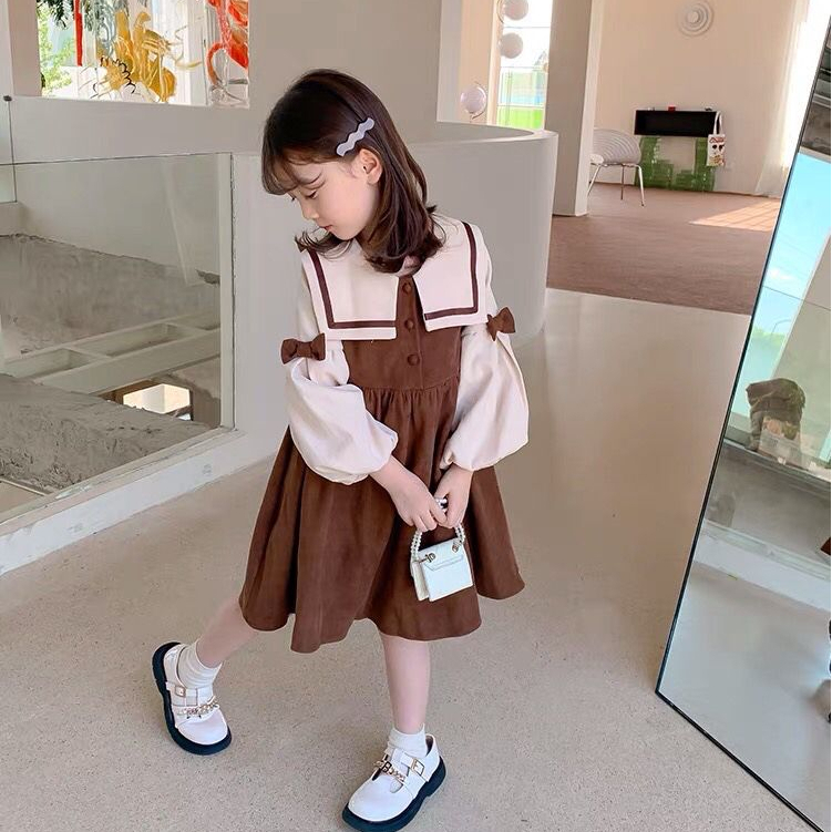 Dress Anak Perempuan Corduroy Lengan Panjang Pita Cokelat