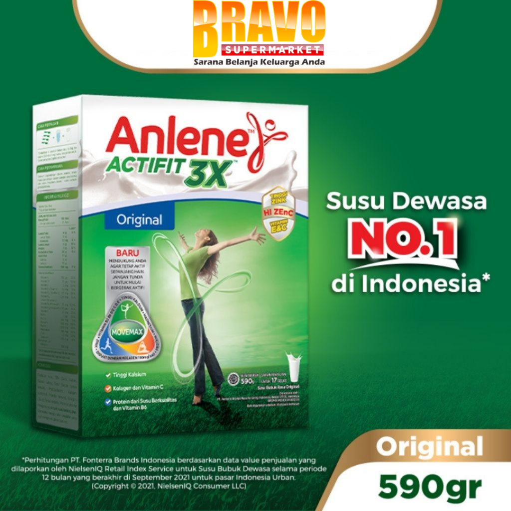 

Bravo Bojonegoro - Anlene Actifit 3X Susu Bubuk Dewasa Rasa Original , Vanilla & Cokelat 590GR - Nutrisi Tinggi Kalsium Untuk Tulang, Sendi, dan Otot