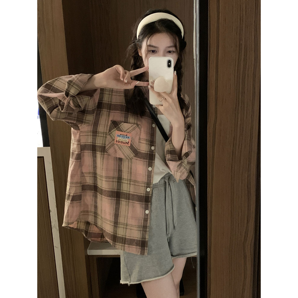 kemeja wanita lengan panjang loose causual korean style Kotak-kotak blouse import baju atasan wanita