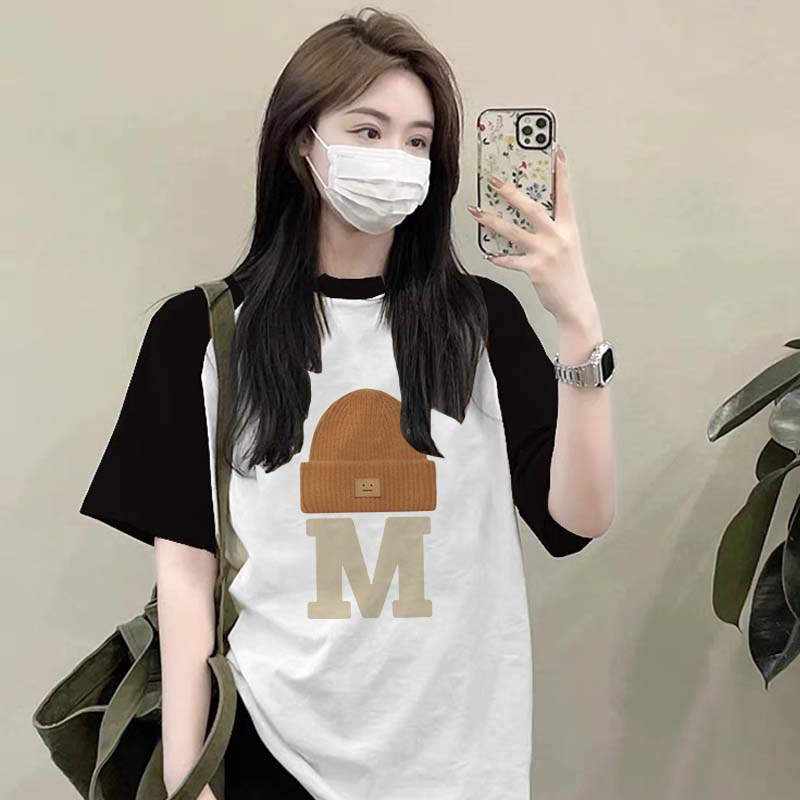 Raglan T Shirt Print Rajut Hat M Kaos Oversize Baju Korean Style Kaos Wanita Lengan Pendek