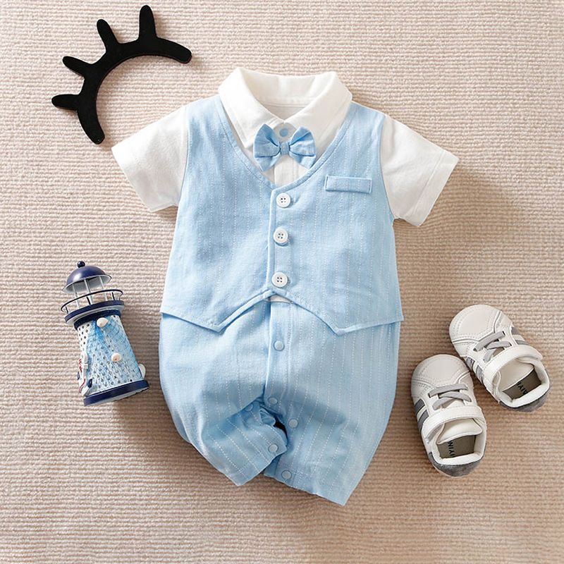 Baju bayi pendek laki laki premium ala korea Motif TUXEDO Biru usia 0-24 bulan/ jumper lucu