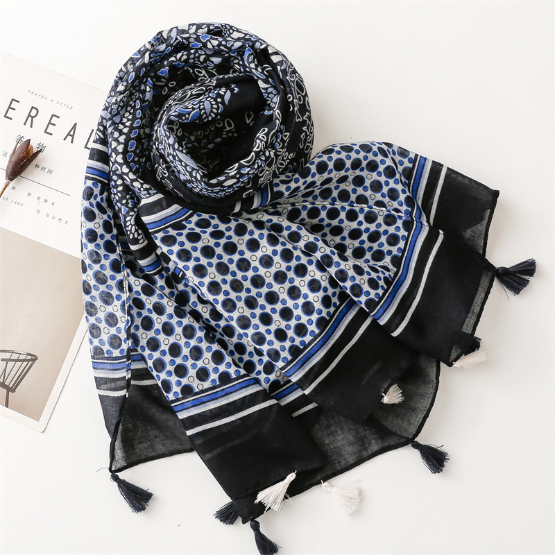 ITSFRIDAY CAROLLA Scarf - Premium Pashmina Shawl Selendang Syal Pasmina Hijab Import Motif Etnik Clasic Navy Tassel