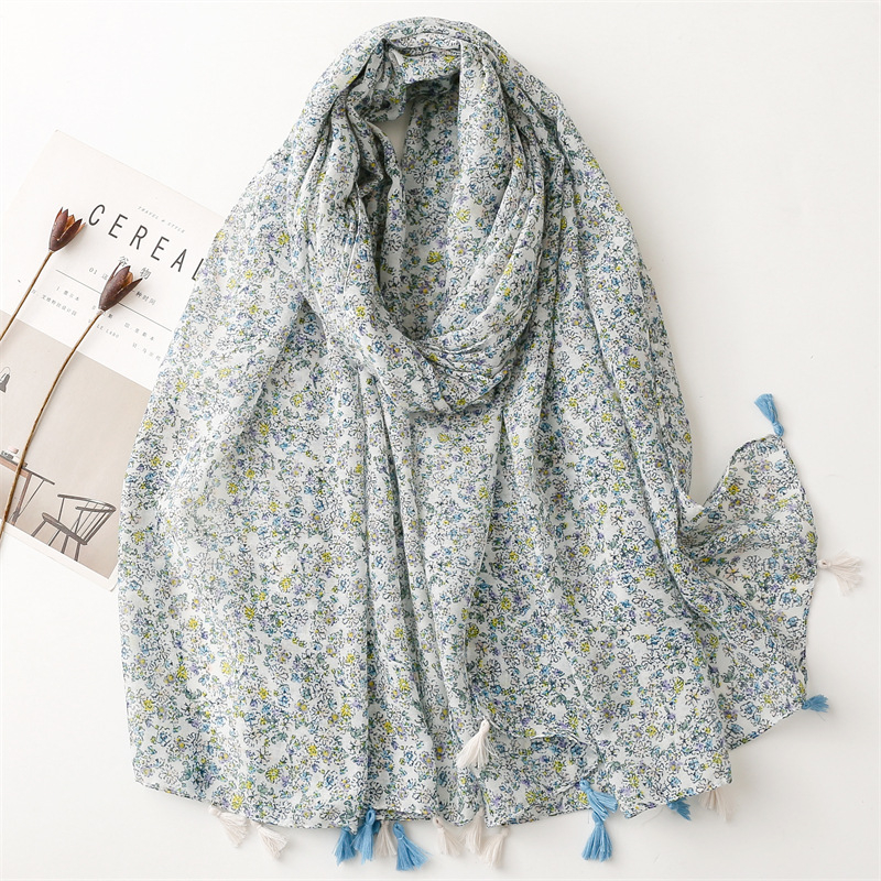 ITSFRIDAY AMBER Scarf - Premium Pashmina Shawl Selendang Syal Pasmina Hijab Import Motif Small Flower Sky Blue Tassel