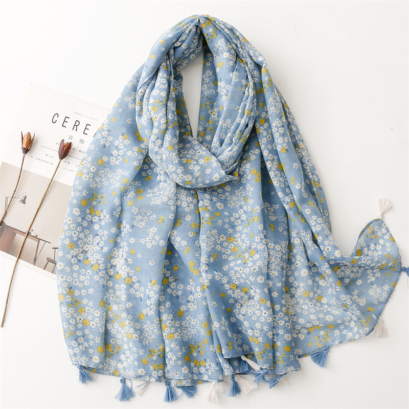 ITSFRIDAY NELIDA Scarf - Premium Pashmina Shawl Selendang Syal Pasmina Hijab Import Motif Daisy Flower Blue Tassel