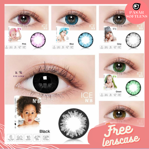 SOFTLENS ICE N8 COLOR NORMAL &amp; MINUS -0.50 sd -2.00 FREE LENSCASE DIA 16 MM BIG EYES  GREY BLACK HAZEL BLUE PINK GREEN BY EXOTICON / N.8 / Softlen Soflen Soflens