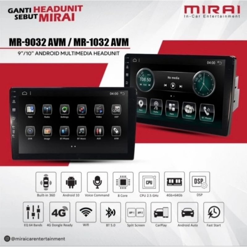 Head unit android 9 inch Mirai 9032 AVM free camera 360 universal