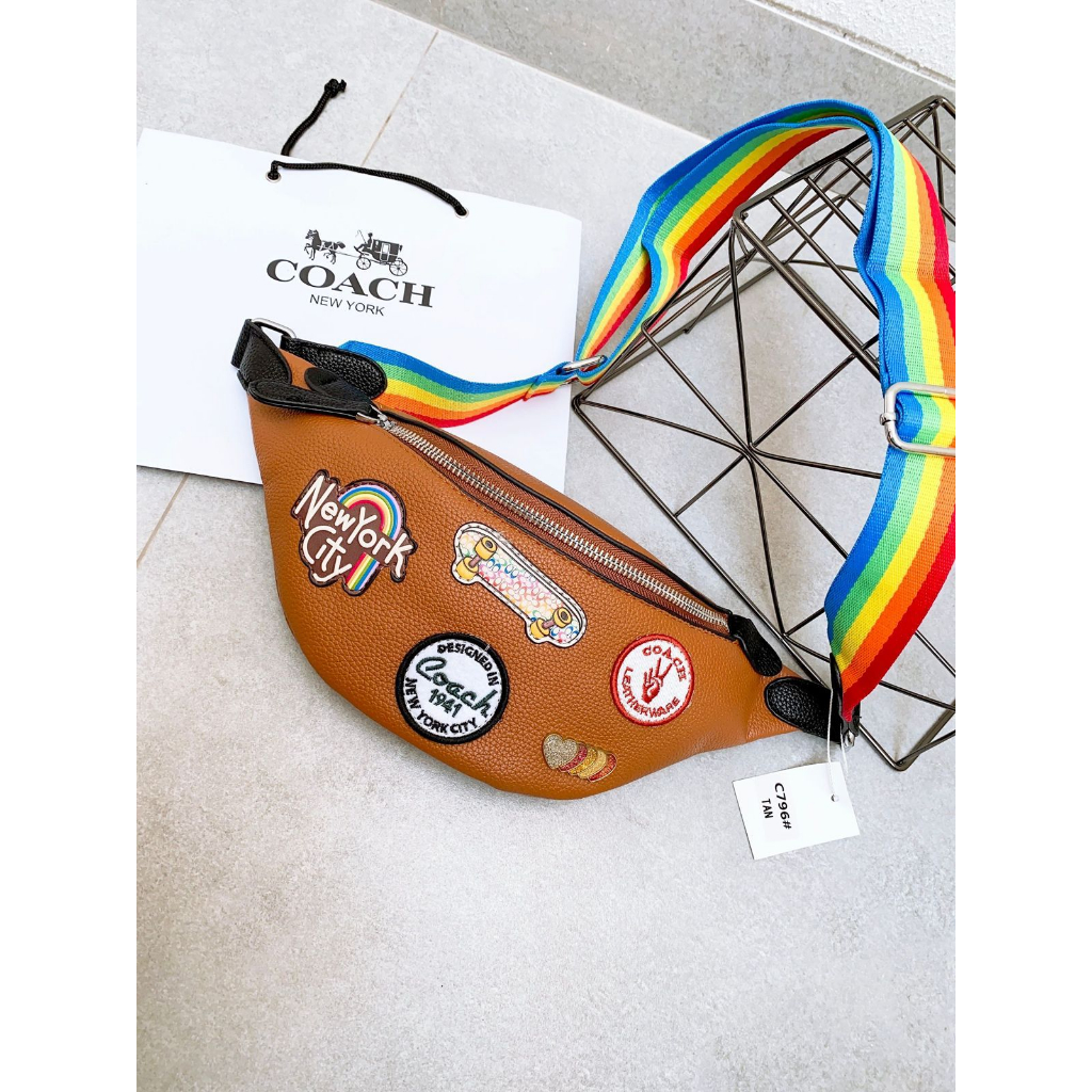 TAS SELEMPANG C*ACH CHARTER BELT BAG WITH PATCHES IMPORT KODE C796 + (,DALEMAN SUEDE,BAKODE,NOSERI)