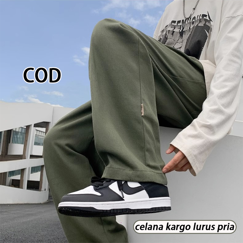 Celana panjang pria korean style celana cargo panjang ArmyGreen loose straight pants Celana panjang cowok Celana santai oversize Celana boyfriend jogger Celana highwaist karet 2023