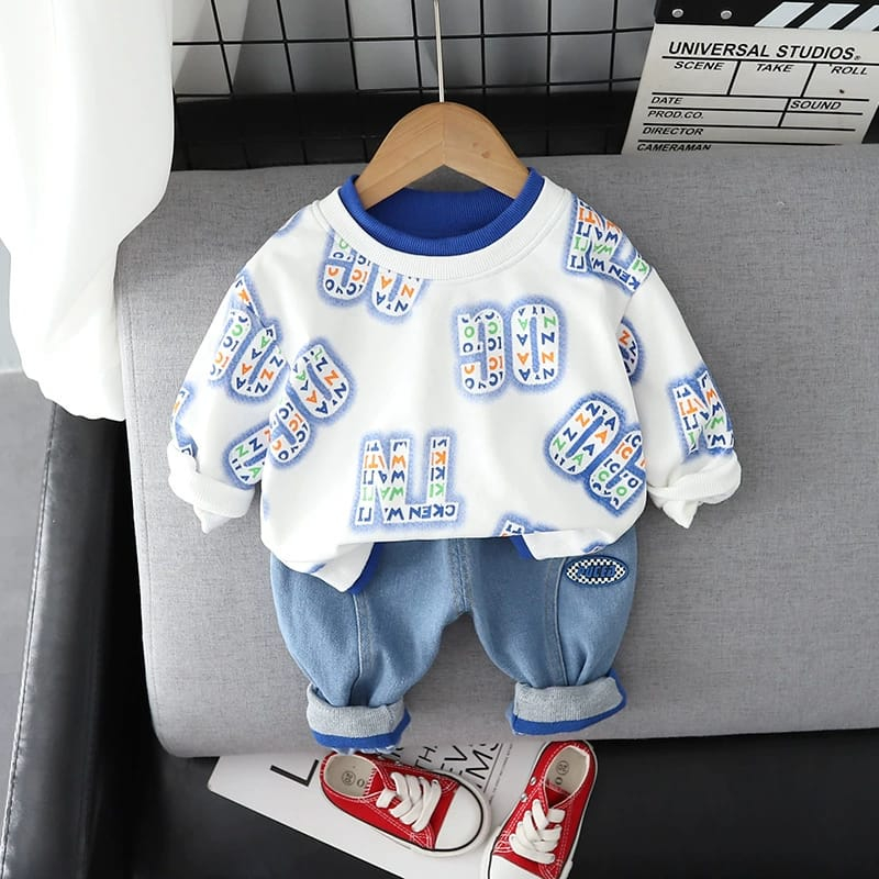 setelan baju anak lakilaki usia 6 bulan - 5 tahun warna biru putih keren premium import ala korea