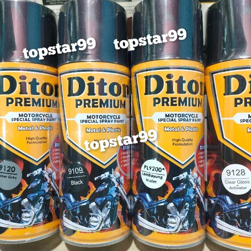 Diton Premium Paket Lengkap 4 Kaleng 400cc Hitam Lembayung Violet Ungu 9200 Primer Grey 9120 Black 9109 Clear Glossy 9128 Pilox Pilok Cat Semprot Spray Paint