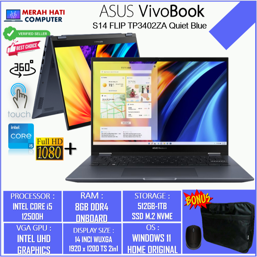 LAPTOP 2IN1 ASUS VIVOBOOK 14 FLIP TP470EZ INTEL I7 1165G7 16GB 512GB IRIS XE MAX-4GB 14&quot; FHD TOUCH BL FP WIN10HOME ORIGINAL
