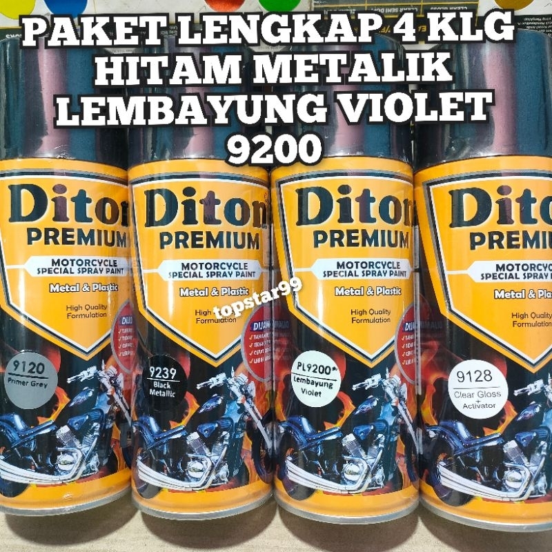 Diton Premium Paket Lengkap 4 Kaleng 400cc Hitam Metalik Lembayung Violet Ungu 9200 Primer Grey 9120 Black Metalic 9239 Clear Glossy 9128 Pilox Pilok Cat Semprot Spray Paint