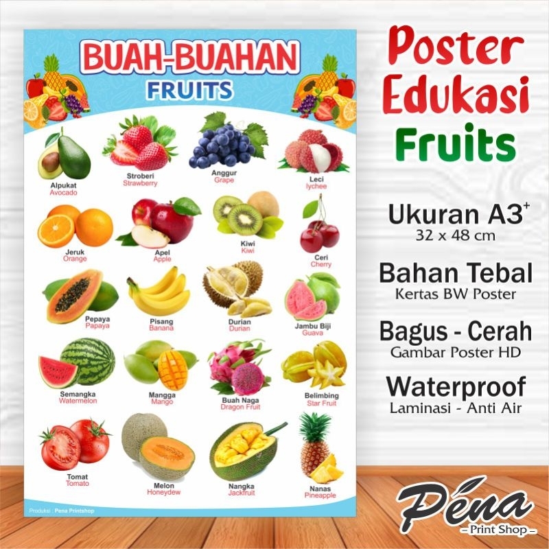 Poster Edukasi Anak / Poster Nama Buah-Buahan Fruits / Mengenal Nama Buah / Poster Belajar / Poster 
