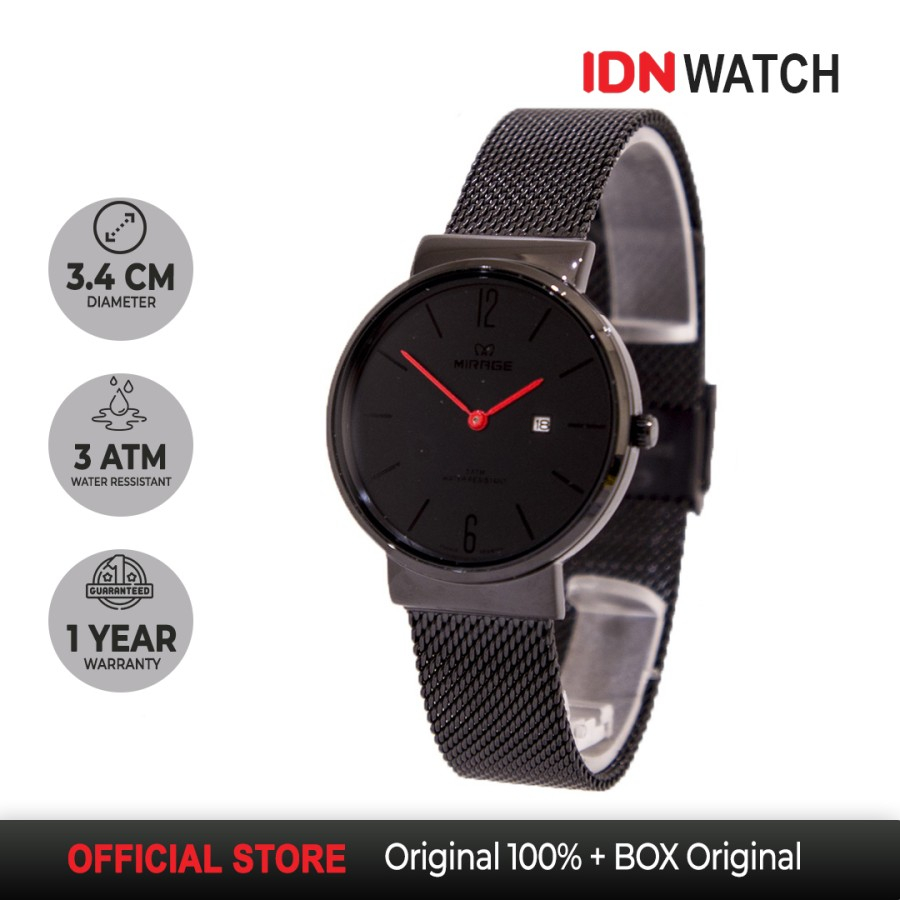 Jam Tangan Mirage Rantai Pasir Wanita Hitam Tahan Air 2Jarum Tanggal Aktif 8624 Hitam