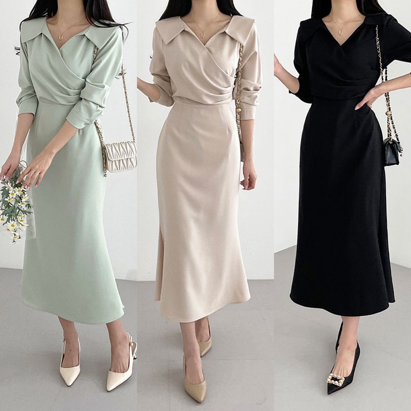 Epi Dress Simple Basic Korean Casual Formal Kerah Kerja Kantor Midi Black Green Cream Gaun Wanita Pa
