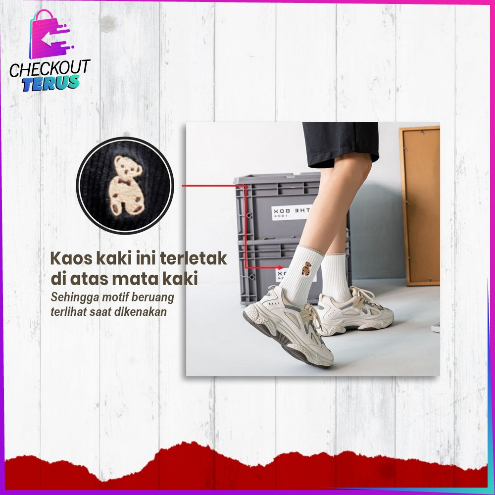 CT P568 Kaos Kaki Wanita Korea Motif Beruang Korean Style Kaus Kaki Panjang Setinggi Betis Karakter Cute Bear Socks